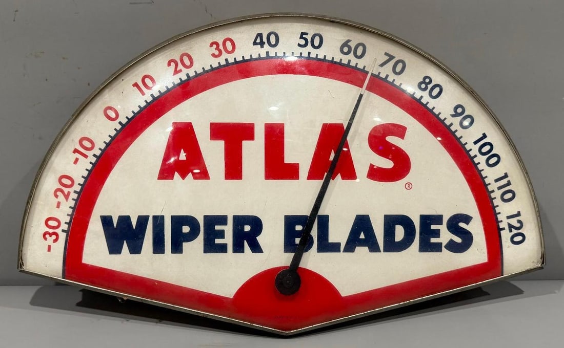 Atlas Wiper Blades Di-Cut Thermometer: rate 8.5, 9" x 15", the single sided metal thermometer with glass front has good color, in nice shape