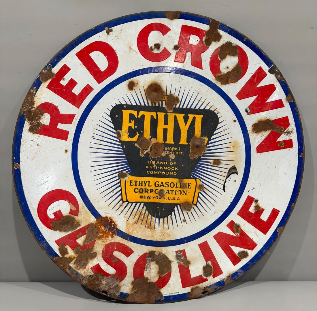 30" Red Crown Gasoline Porcelain Sign: rate 6, 30" Diameter, the double sided porcelain sign shows wear and chips