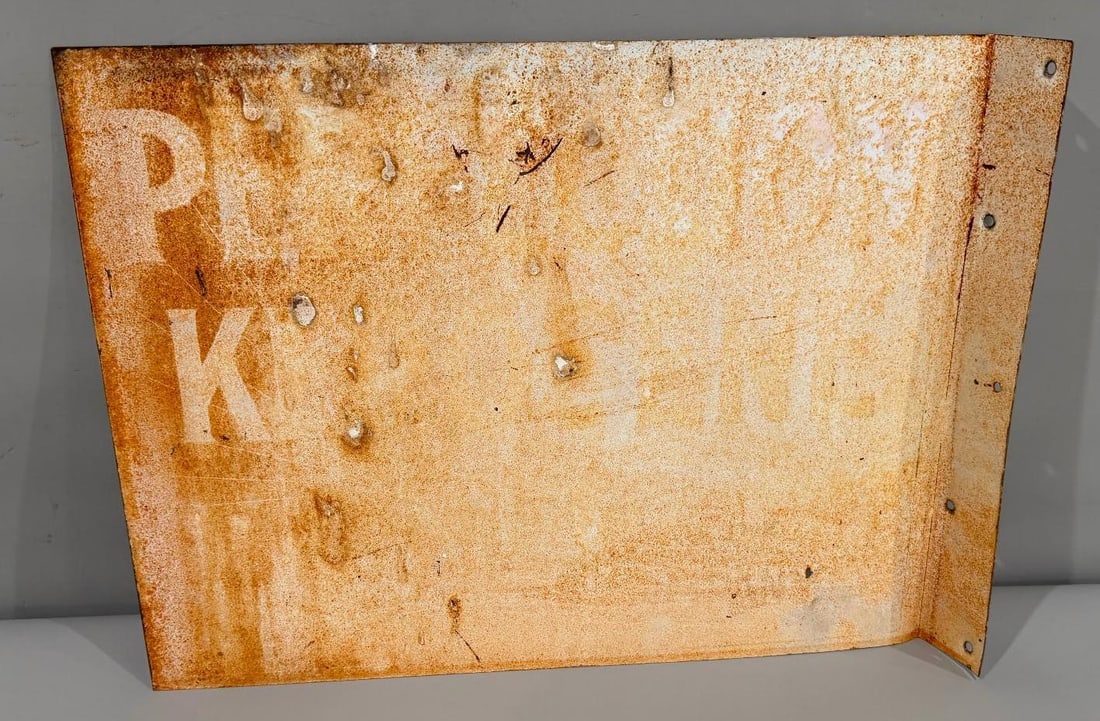 Perfection Kerosene Metal Flange Sign: 14" x 18", the double sided metal flange is extremely sun faded