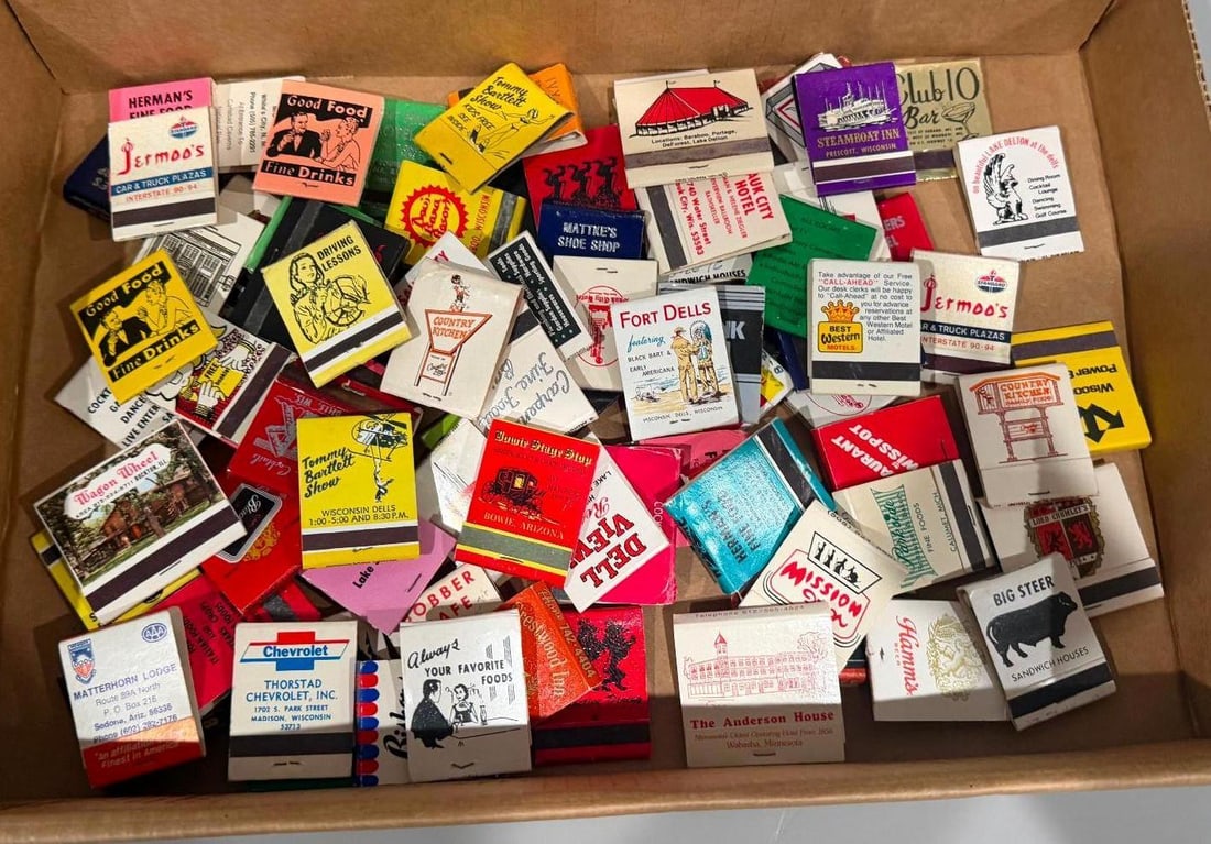 Lot of (86) Matchbooks: all 86 for one money, an assortment of where they are from, gas station to dealership to hotel to restaurant, etc. 