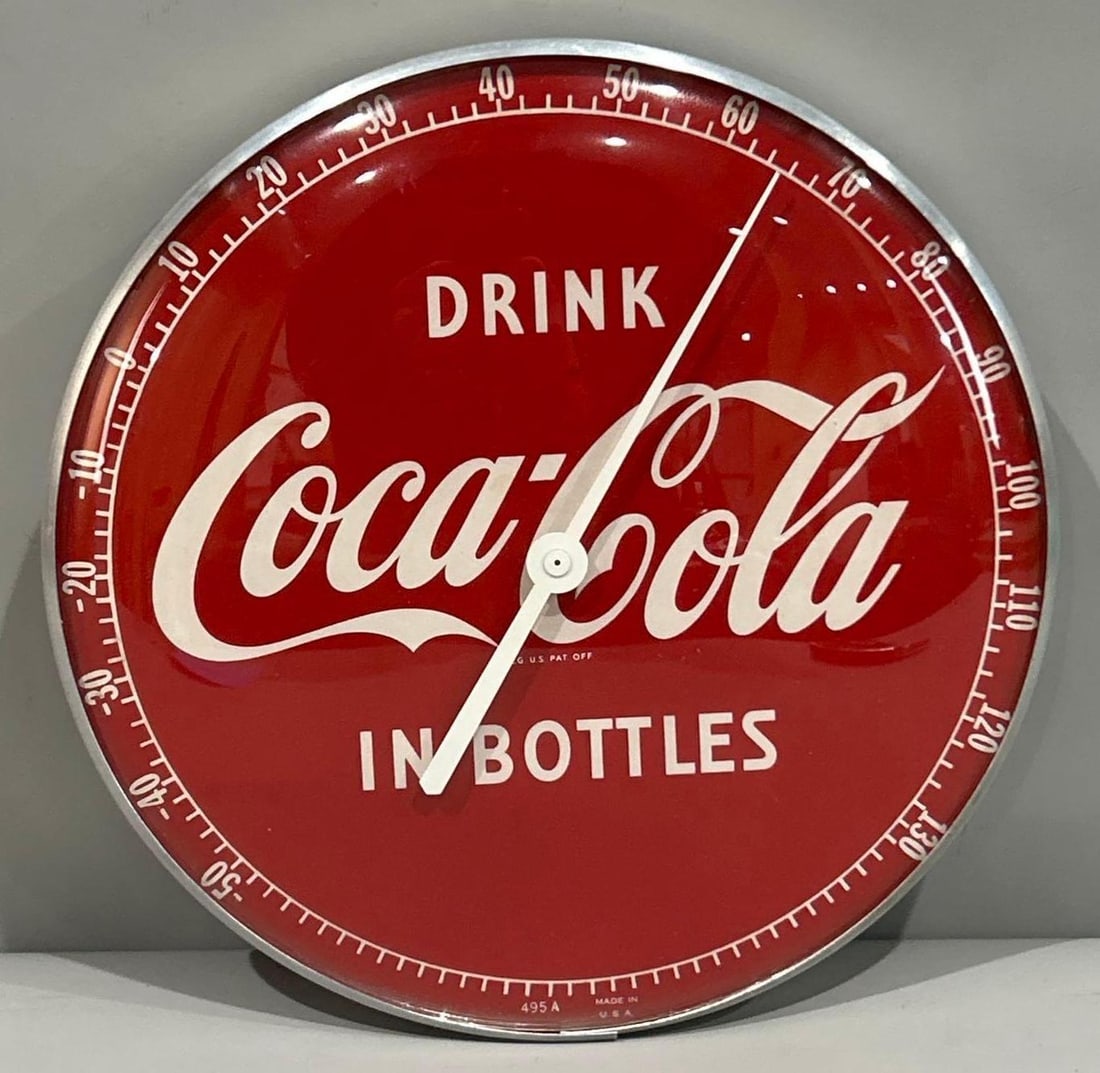 Coca-Cola Thermometer Sign: (Rated 9.0) 12.5" dia. This themometer has good color throughout. Glass face. Rarity 1.