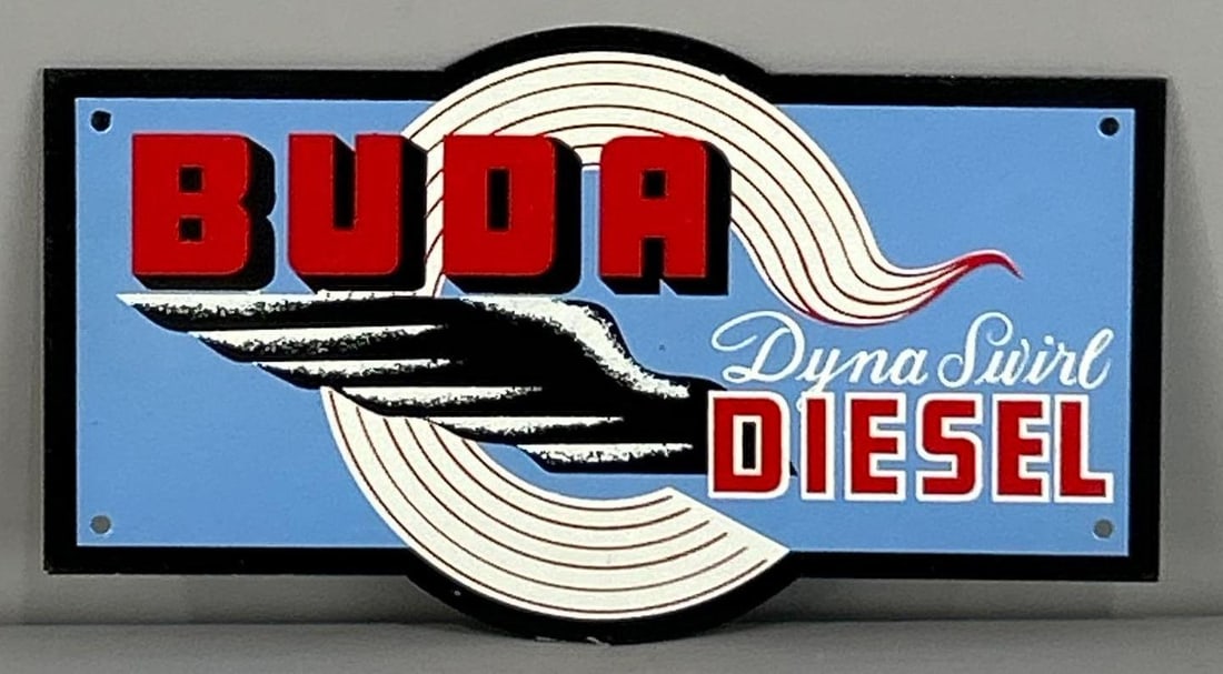 Buda Diesel Die-Cut Metal Sign W/ Swirl Graphic: Rated 9.75. 4" x 7.5". This SST has superior color and gloss throughout its entirety. Rarity 5. TAC # 061900.