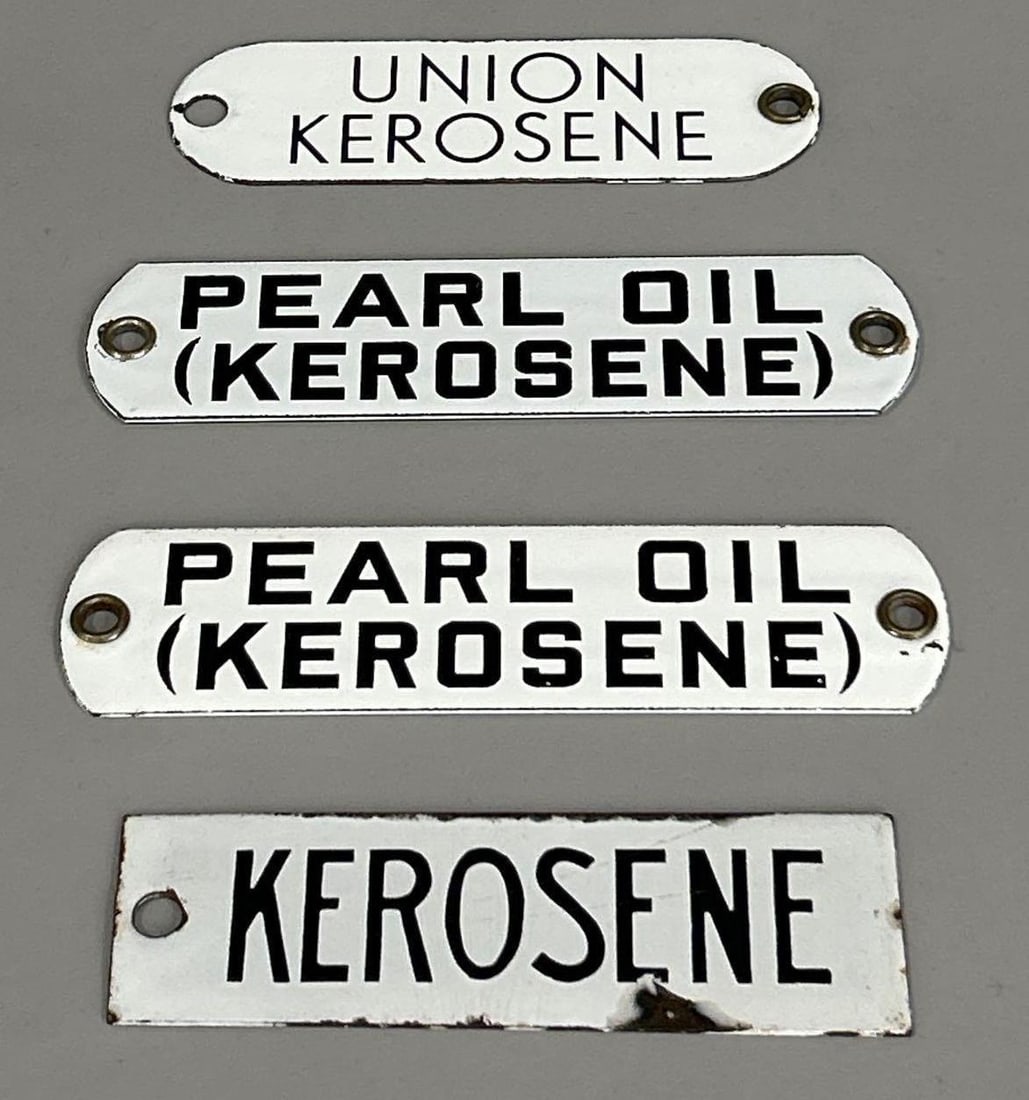 4 Kersosene Porcelain Tag Signs: Rated 9.5,9.5,9.0,8.75. 1.5" x 6". These 4 SSP signs have good color and gloss, with the exception of the "KEROSENE" tag, which has minor porcelain loss.