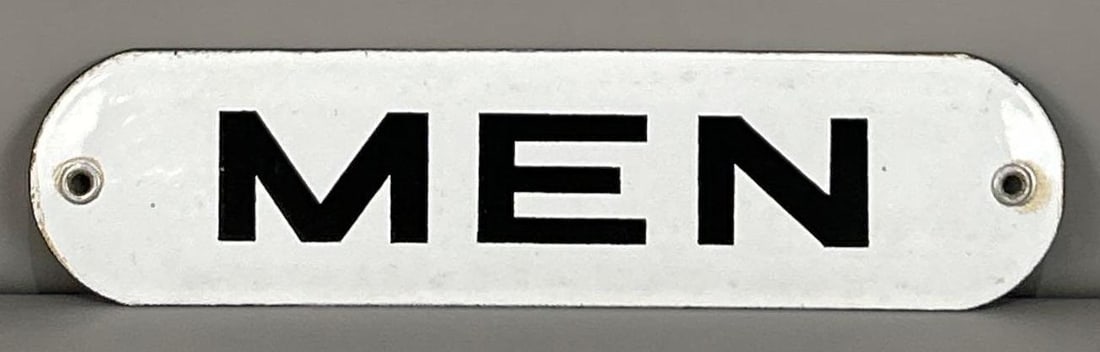 Men's Rest Room Porcelain SIgn: Rated 9.25. 2.5" x 10". This SSP sign has good color and gloss with limited surface staining on the outer edge and hanging hole. Rarity 1. TAC # 061986.