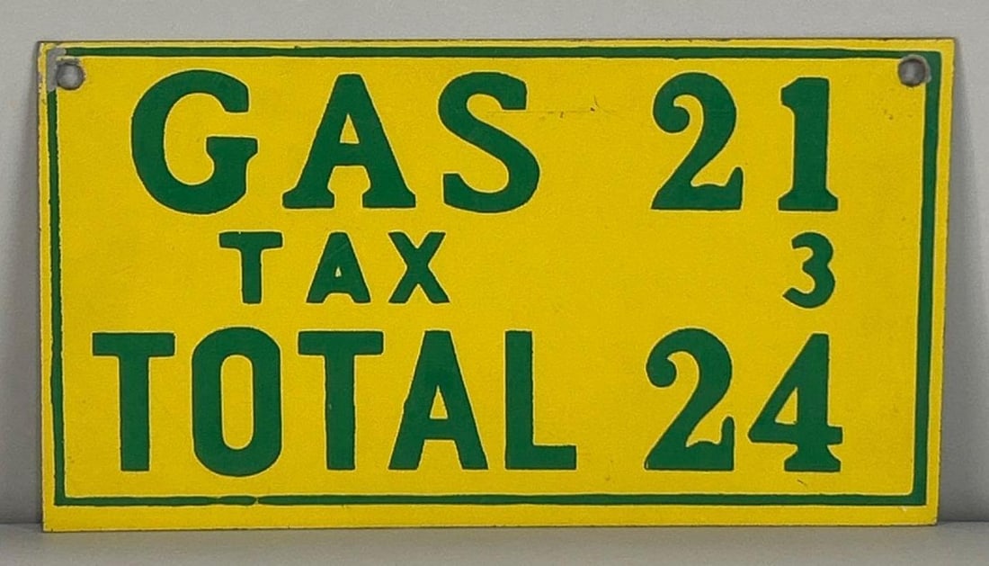 Gas Tax Painted Metal Pricer Sign: Rated 9. 5" x 9". This SST sign has good color and gloss with light paint loss at both hanging holes. Rarity 2. TAC # 061993.