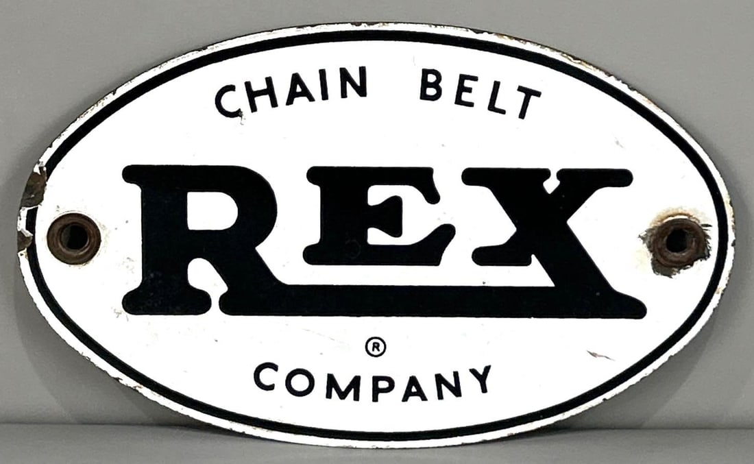Rex Chain Belt Company Porcelain Sign: Rated 8.5. 10.25 dia. This SSP has fair color and gloss with surface staining and porcelain loss at the hanging holes and on the outer edge. Rarity 2. TAC # 062000. 