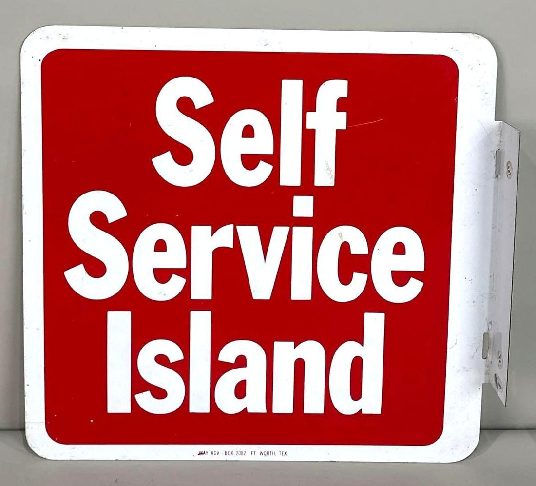 Self-Service Island Painted Metal Flange Sign: Rated 9.0. 9.0. 12.25" x 12.75". This DST flange has good color and gloss throughout both sides. Display has light staining on the lettering and outer edge, while the reverse shows slightly more