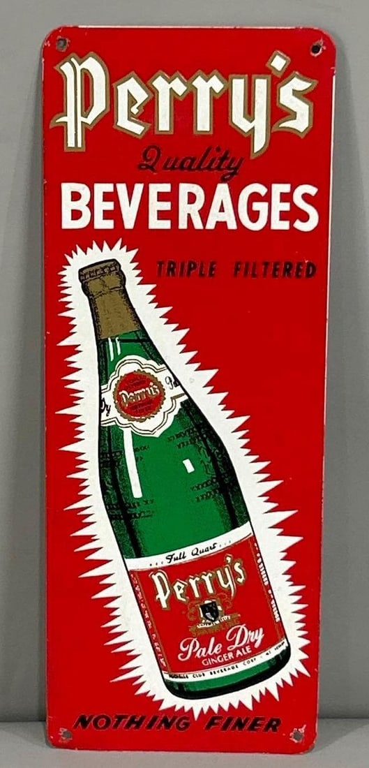Perry's Quality Beverages Door Push W/ Bottle Graphic: (Rated 8.9) 3.75" x 10". This SST sign has good color and gloss throughout. Sign shows minor wear at the hanging holes. Rarity 1. 