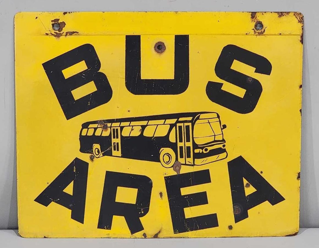 Bus Area w/Image Metal Sign: rated 8 & 7, 12"x18", the DST sign has paint chips, reverse has staining.
