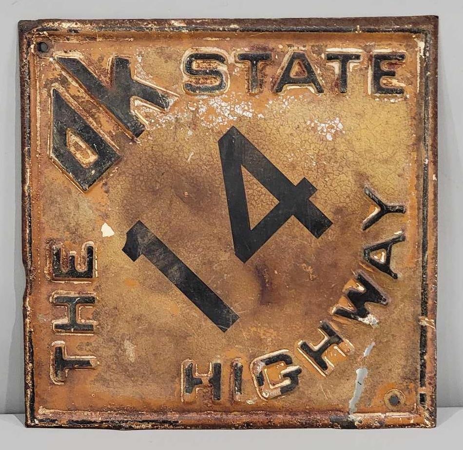 Oklahoma State Hwy #14 Metal Sign: rated 6.5, 21"x21', the SST embossed sign is rust stains and has dings.