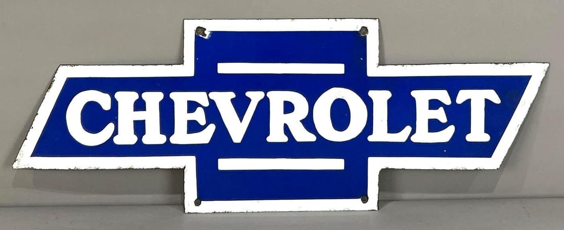 Small Reproduction Chevrolet Bowtie Porcelain Sign: 8.5"x23" porcelain sign