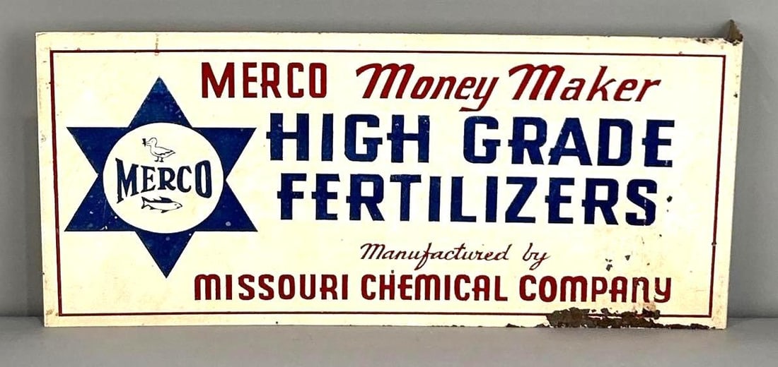Merco High Grade Fertilizers Tin Flange Sign: Rated 7.9, 7.5. 5" x 11". This DST flange sign has fair color with notable staining in the field and paint loss on the outer edge. Reverse side has slightly more loss and staining. Rarity 6. TAC