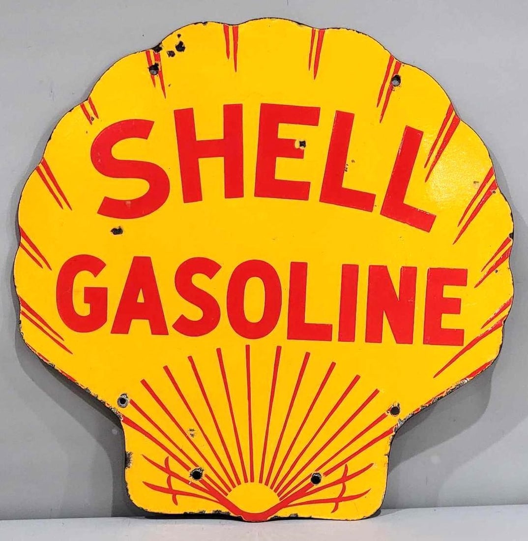 Shell Gasoline Porcelain Sign (TAC): rated 8.9, 25"x24.5", the DSP clam-shaped sign has very good color and gloss, has small chips around the perimeter, marked Burdick. Rarity 4. TAC #032418