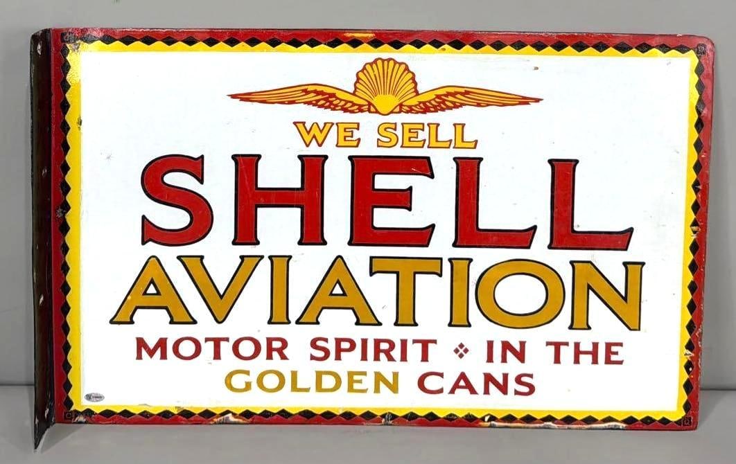 We Sell Shell Aviation Motor Spirit Porcelain Flange Sign (TAC): rated 8.75 & 8.5, 15"x24.5", the porcelain flange sign has good color and gloss, display field has light wear, has small touched up chips around the perimeter, flange has been repainted, reverse has c