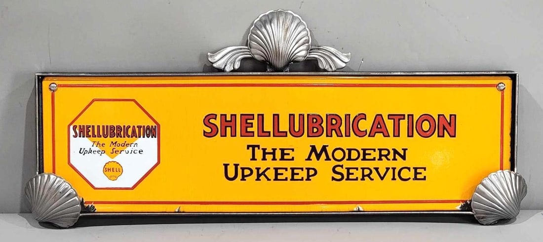 Shellubrication "the Modern Upkeep Service" w/Logo Porcelain Sign (TAC): rated 9, 6"x20.75", the SSP sign has excellent color and gloss, has chips at both both mounting holes, is mounted in a fancy metal frame. Rarity 6. TAC #063319