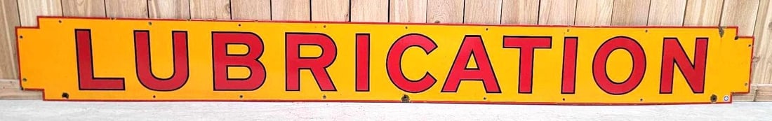 (Shell) Lubrication Porcelain Strip Sign (TAC): rated 9, 12"x108", the SSP die-cut sign has excellent color and gloss, field is clean, has small chips at some of the mounting holes. Rarity 5. TAC #063342