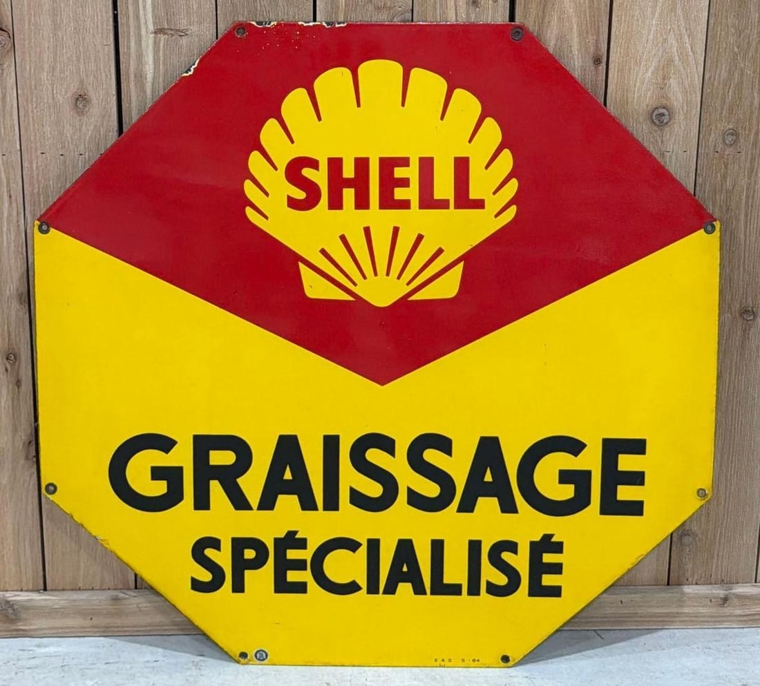 Shell w/Logo Graissage Specialise Porcelain Sign (TAC): rated 9, 39.25"x39.25', the SSP diecut sign has very good color and gloss, field is clean, has chips around the perimeter, marked EAS, dated 1965. TAC #063783