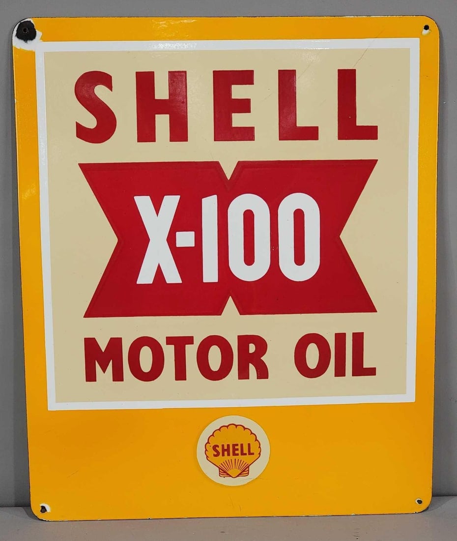 Shell X-100 Motor Oil w/Logo Porcelain Sign (TAC): rated 9, 24"x19.5", the SSP sign has excellent color and gloss, light wear in the field, tiny chips at mounting holes. Rarity 4. TAC #063223