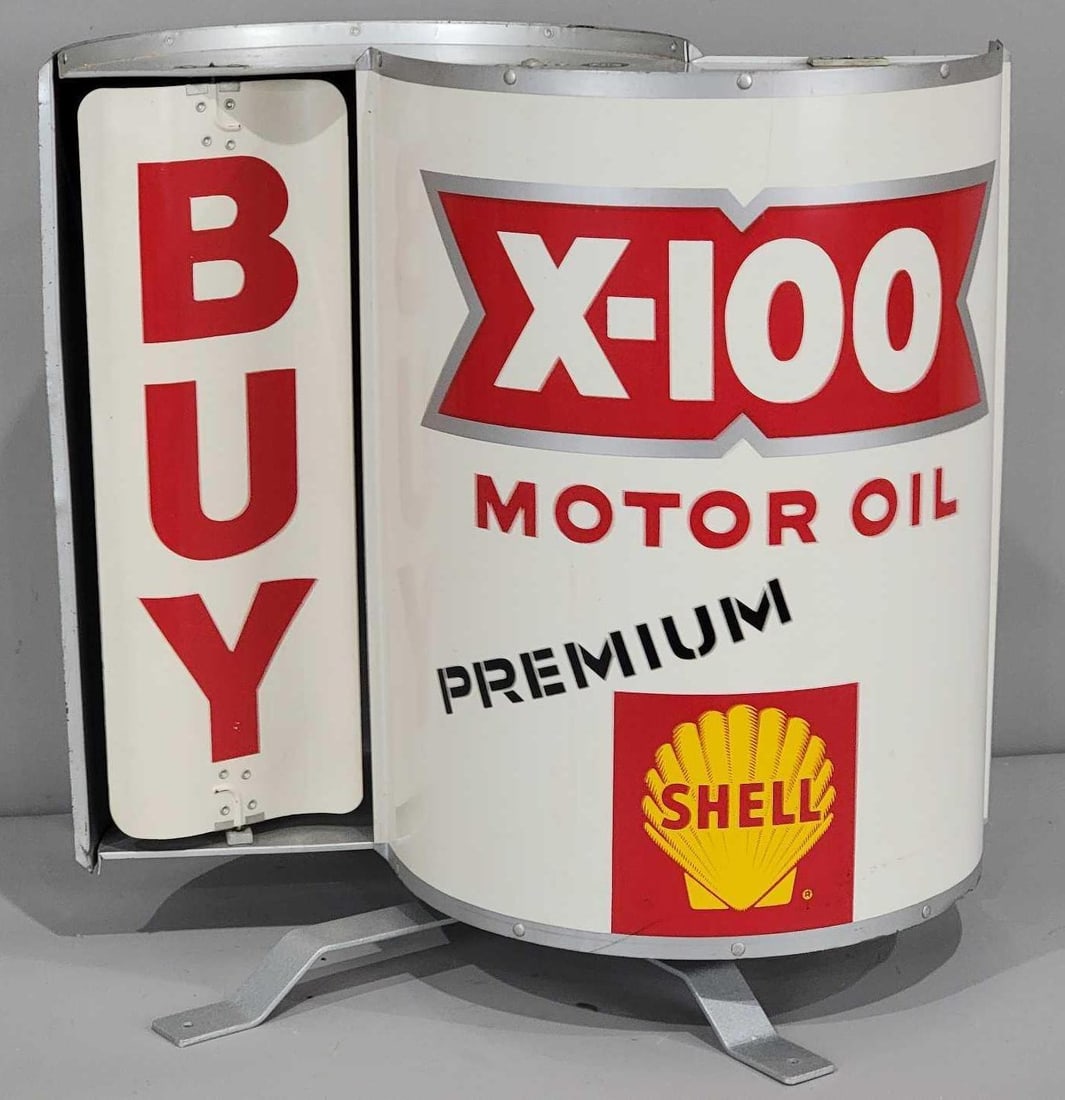 Shell X-100 Motor Oil Metal Pump Top Spinner (TAC): rated 9.5, 14"x16"x10", metal multiple piece gas pump topper spinner is in excellent condition, has been mounted on a nice looking plastic base, marked A-M, dated 1957, Rarity 4. TAC #005947