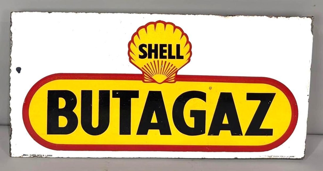 Shell Butagaz w/Logo Porcelain Flange Sign (TAC): rated 8.25, 13"x25.5", the porcelain flange sign has good color and gloss, has a few tiny chips and rust staining in the outer field, chips around the perimeter and on the flange. Rarity 3. TAC