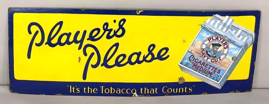 Player's Please w/Cigarette Pack Image Porcelain Sign (TAC): rated 8.5, 16"x45", the SSP sign has very good color and gloss, has a few chips in the field, chips around the perimeter. TAC #063647
