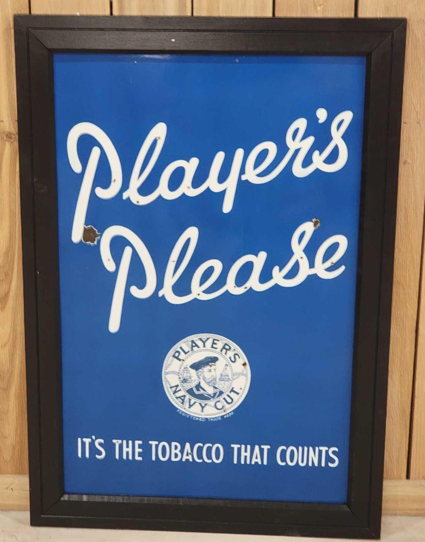 Player's Please Tobacco w/Logo Porcelain Sign (TAC): rated 8.5, 35.5"x23.5", the SST sign has good color and gloss, has small chips in the field, has been framed. Rarity 4. TAC #063235
