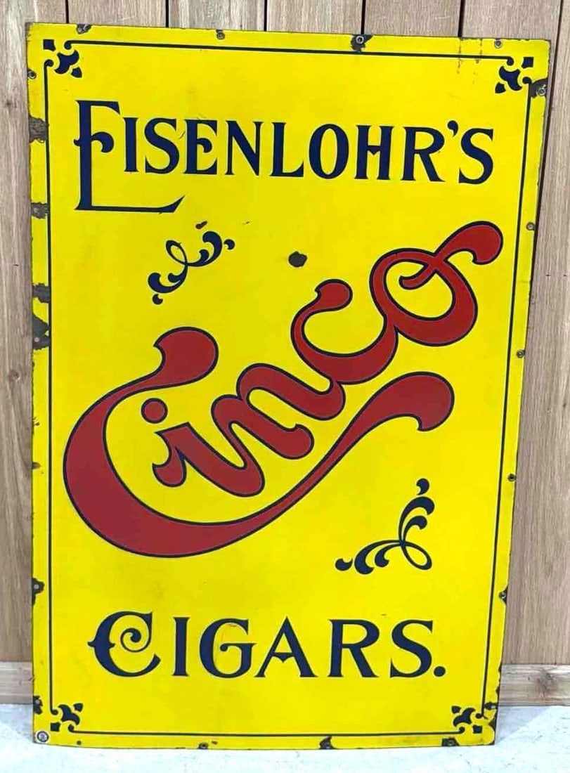 Eiselohr's Cinco Cigars Porcelain Sign (TAC): rated 8.5, 46"x30", the SSP sign has very good color and gloss, has a few chips in the field, more around the perimeter. Rarity 2. TAC #063815