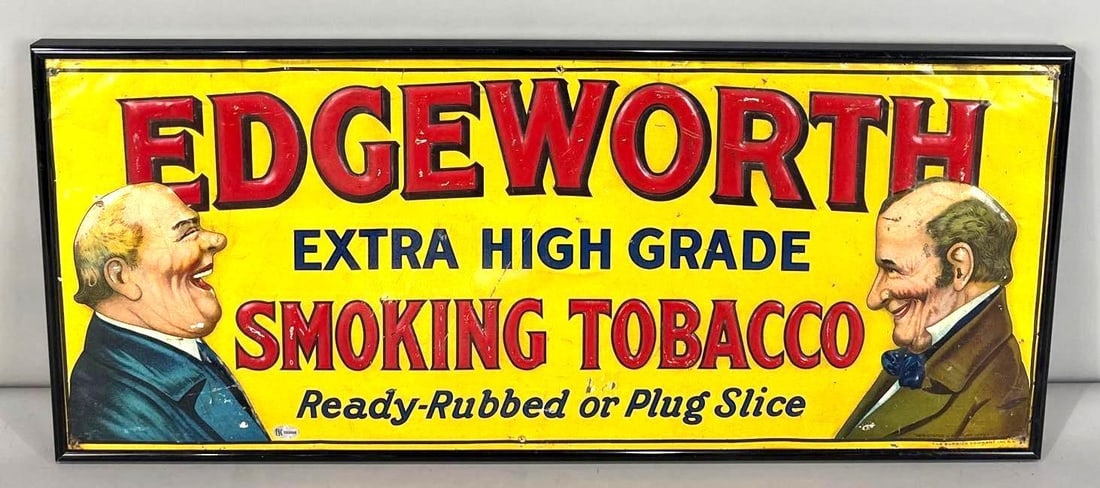Edgeworth Smoking Tobacco Embossed Tin Sign W/ Snickering Gentleman Graphics: Rated 7.9. 12" x 27.5". This SST sign has good color and gloss with notable surface staining and scratches with paint loss in the field. Sign shows damage at the hanging holes and crinkle along the to