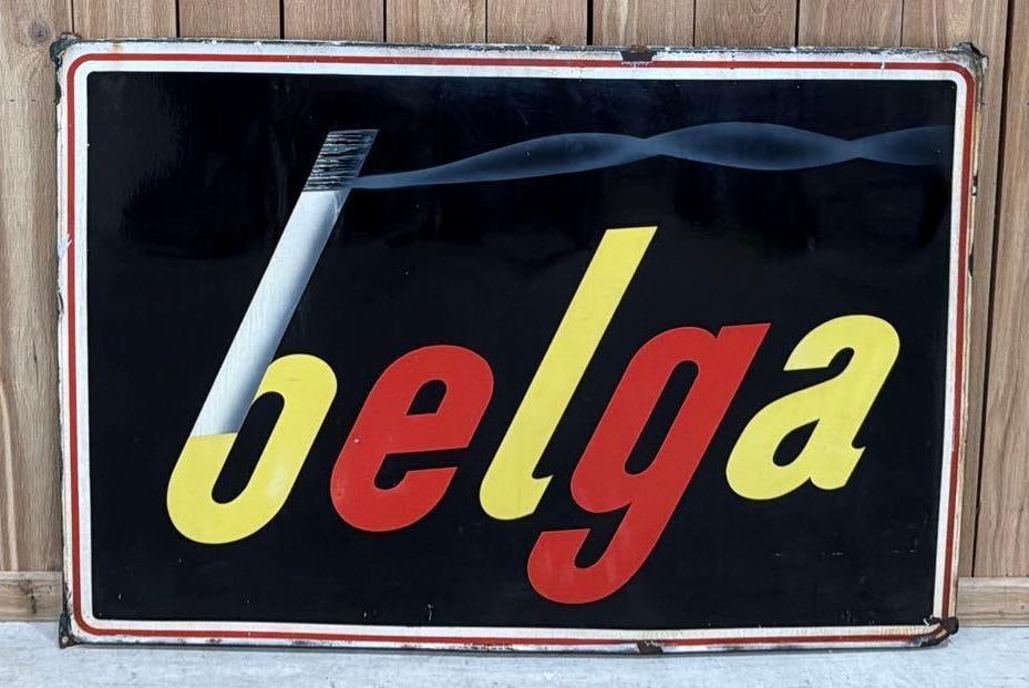 Belga (cigarette) Porcelain Sign (TAC): rated 8.25, 34"x50", the SSP rolled edge sign has good color and gloss, has light rust staining in the white, has chips around the perimeter. TAC #063824