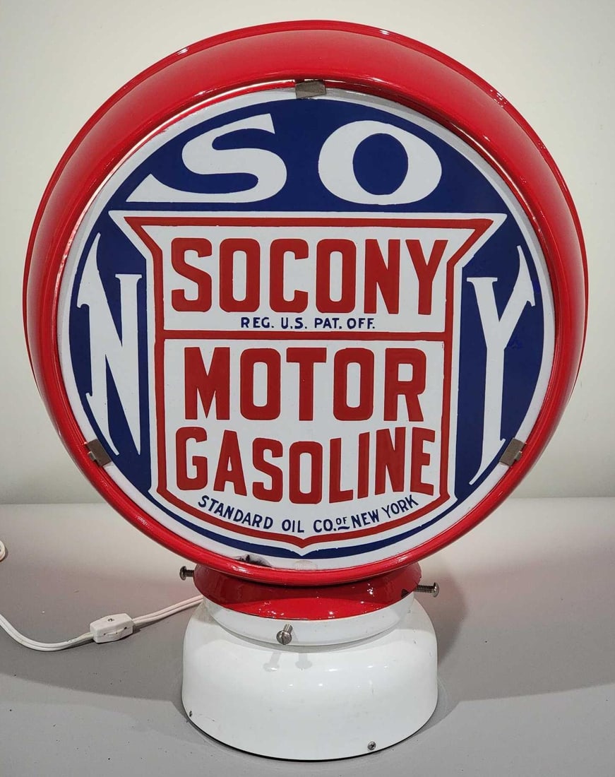 Rare Socony Motor Gasoline 13.75" Porcelain Globe Lens (TAC): rated 9.75, the single 13.75"D., porcelain globe lens has excellent color and gloss, is mounted in an original restored metal globe body. TAC #025232