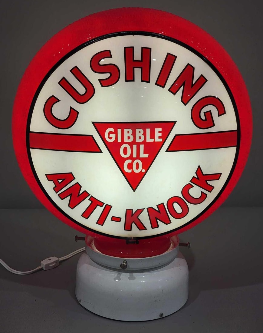 Cushing Anti-Knock 13.25" Globe Lens in Red Ripple Body (TAC): rated 9+, the 13.25"D gill globe lenses are in excellent condition, mounted in an original red ripple body, that is in very good condition, in the base the bottom half inch is clear glass, see