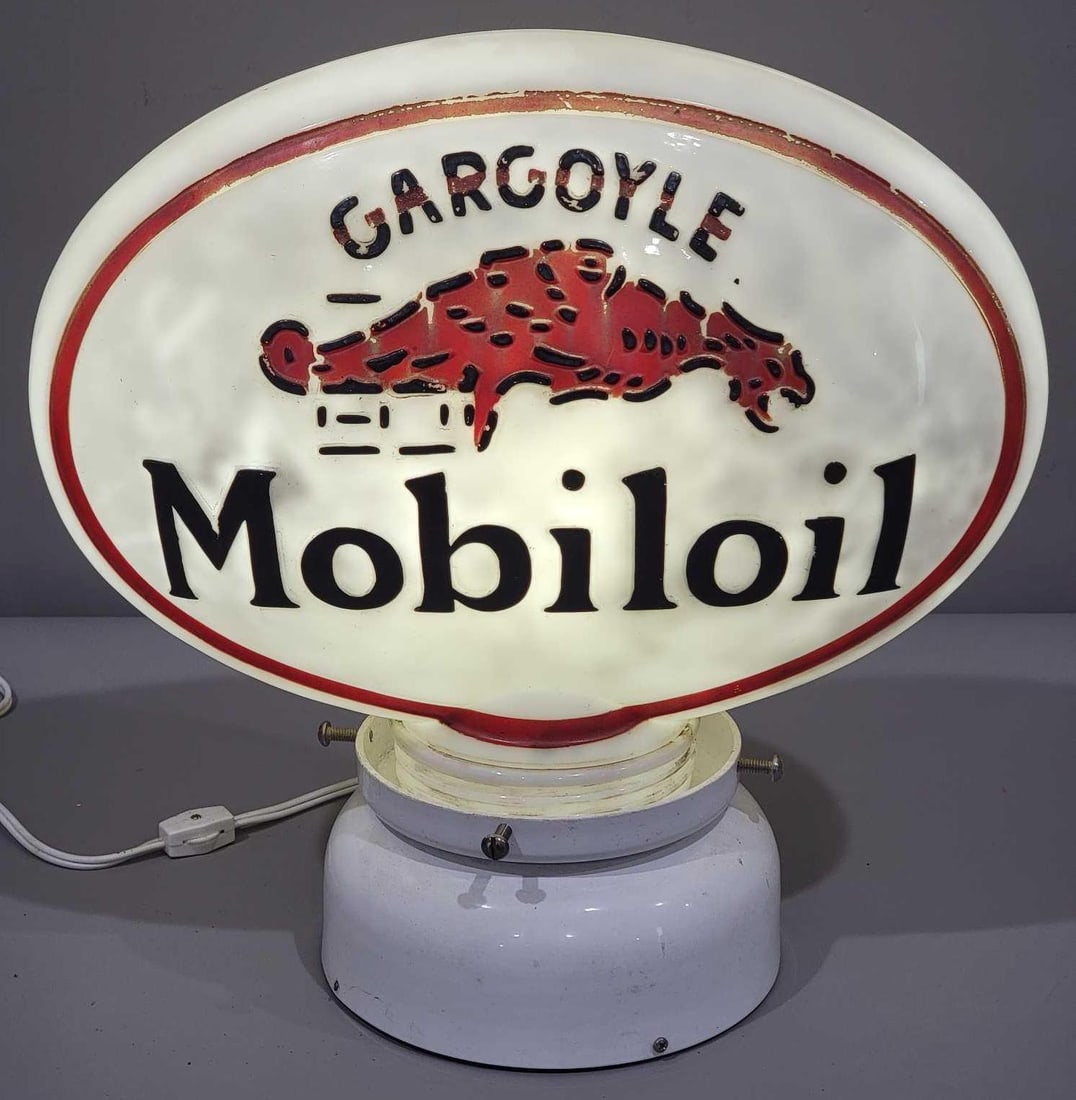 Mobiloil Gargoyle OPC Milk Glass Oil Cabinet Globe (TAC): rated 8.5, 13"T., the OPC (one-piece cast) milk glass globe is slightly weather, is missing it's metal collar (most were left on the cabinets). TAC #025231