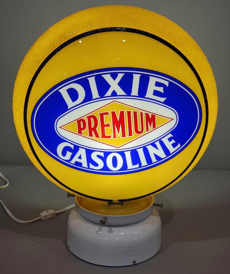 Dixie Premium Gasoline 13.25" Single Lens in Yellow Ripple Body: the single 13.25"D. gill lens is in good condition, the original yellow ripple globe body is in good condition except for the back side of the base, has paint loss, see photos. TAC #025238