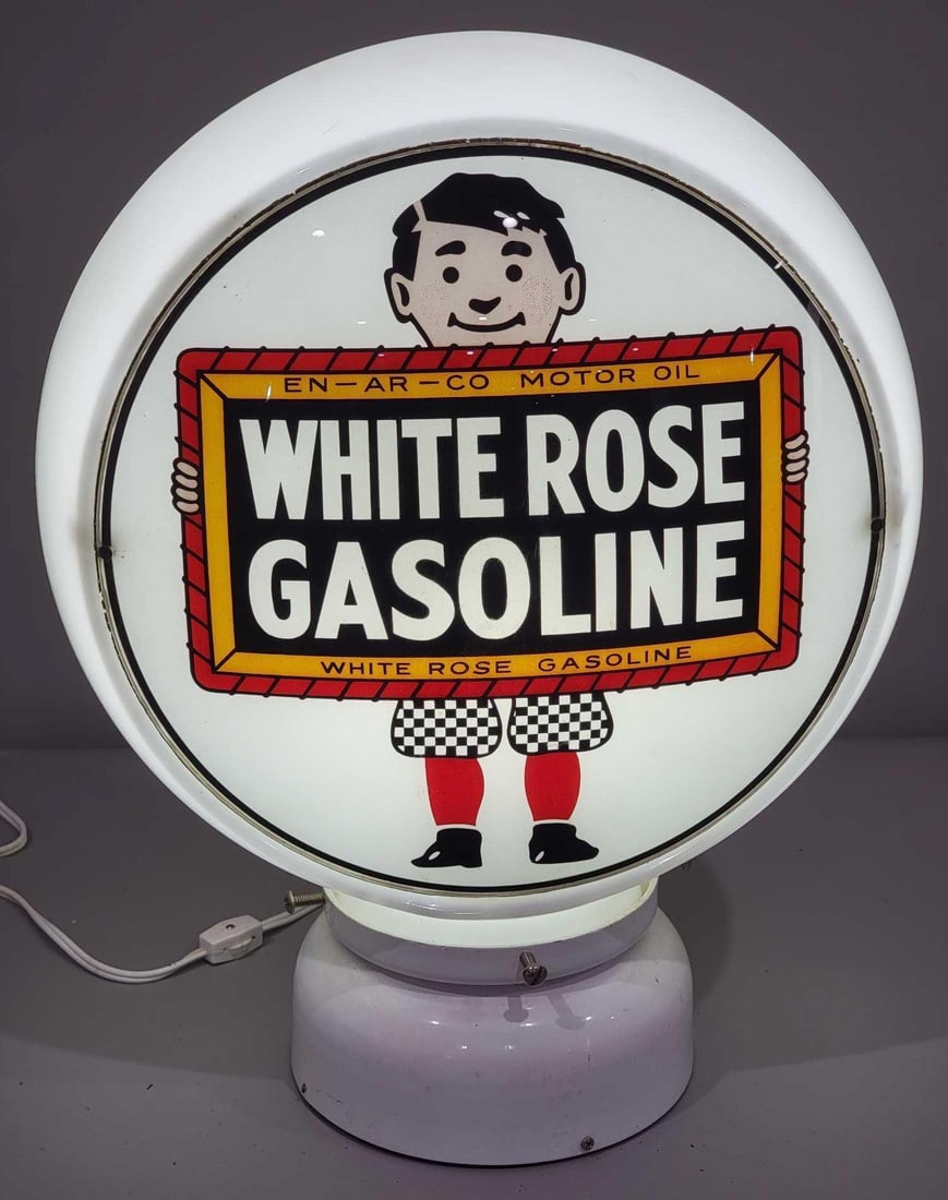 White Rose Gasoline w/Boy & Slate Logo 13.5" Globe Lenses (TAC): rated 9.5, both 13.5"D., globe excellent are in excellent condition, mounted on a wide glass globe body, lenses are caulked in. TAC #025242