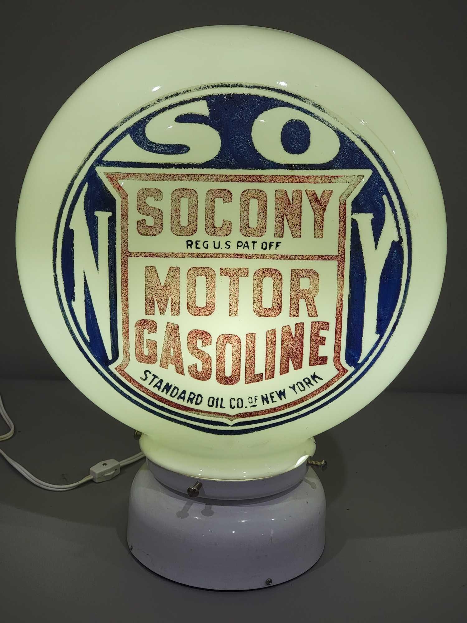 Socony Motor Gasoline OPE Milk Glass Globe (TAC): rated 9, 16.5"T., the OPE (one-piece etched) milk glass globe body, paint has wear on both sides, base has a few small chips. TAC #025276