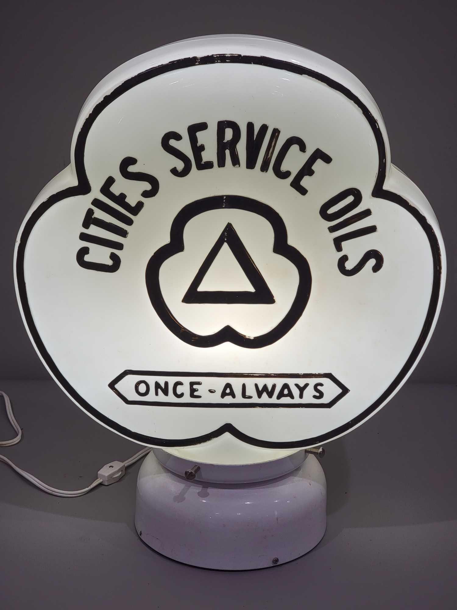 Cities Service Oils Once-Always OPC Milk Glass Globe (TAC): rated 9, the 16.5"T., the OPC clover-shaped milk glass globe paint has light wear, body is in excellent condition. TAC #025284