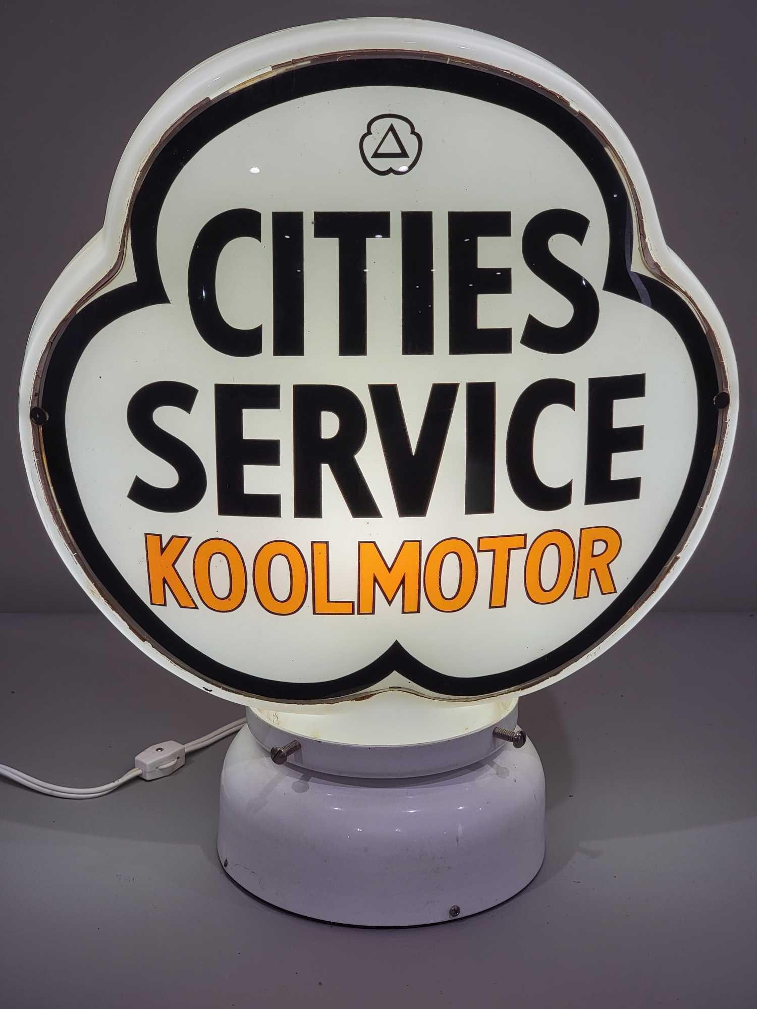 Cities Service Koolmotor Clover-Shaped Globe Lenses (TAC): rated 9+, 16.5"T., both lenses are in very good condition, the clover-shaped body is in good condition, base is good, the lenses have been caulked in. TAC #025286