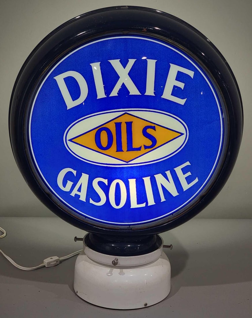 Rare Dixie Oils Gasoline 15" Single Globe Lens (TAC): rated 9.5, the single 15"D., globe lens is in excellent condition, mounted in an original restored HP metal globe body. TAC #025236
