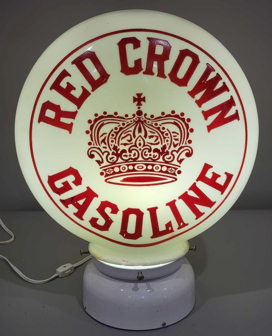Red Crown Gasoline w/Crown Image OPE Milk Glass Globe (TAC): rated 9, 16.5"T., the OPE (one-piece etched) milk glass globe, display has been repainted, reverse has paint loss, base measures seven inches, has large long chip. TAC #025250