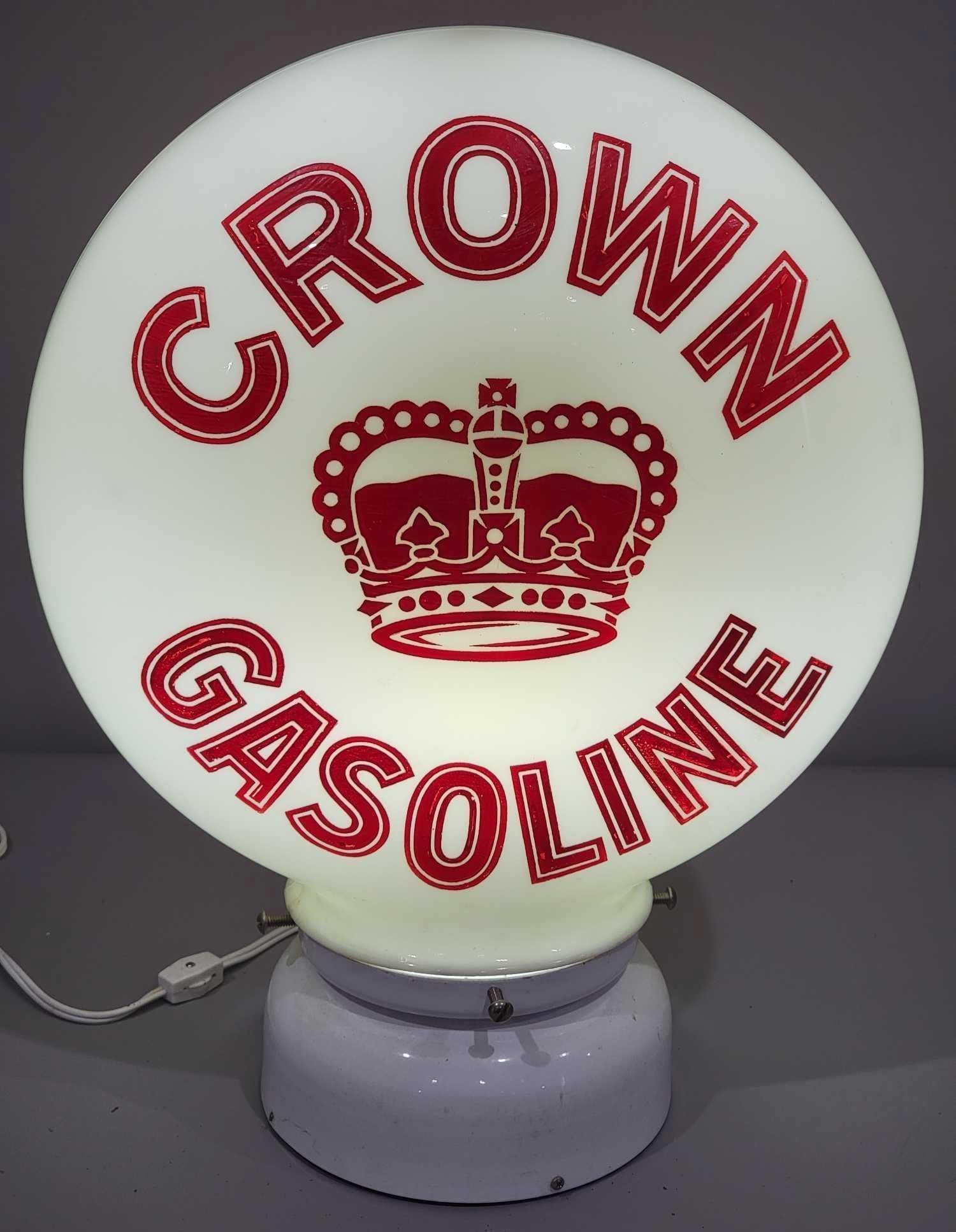 Crown Gasoline w/Crown Logo OPE Milk Glass Globe Body (TAC): rated 9, the 16"T., OPE (one-piece etched) milk glass globe body, is in very good condition, letters have minor touch ups, base measures seven inches, no chips. TAC #025249