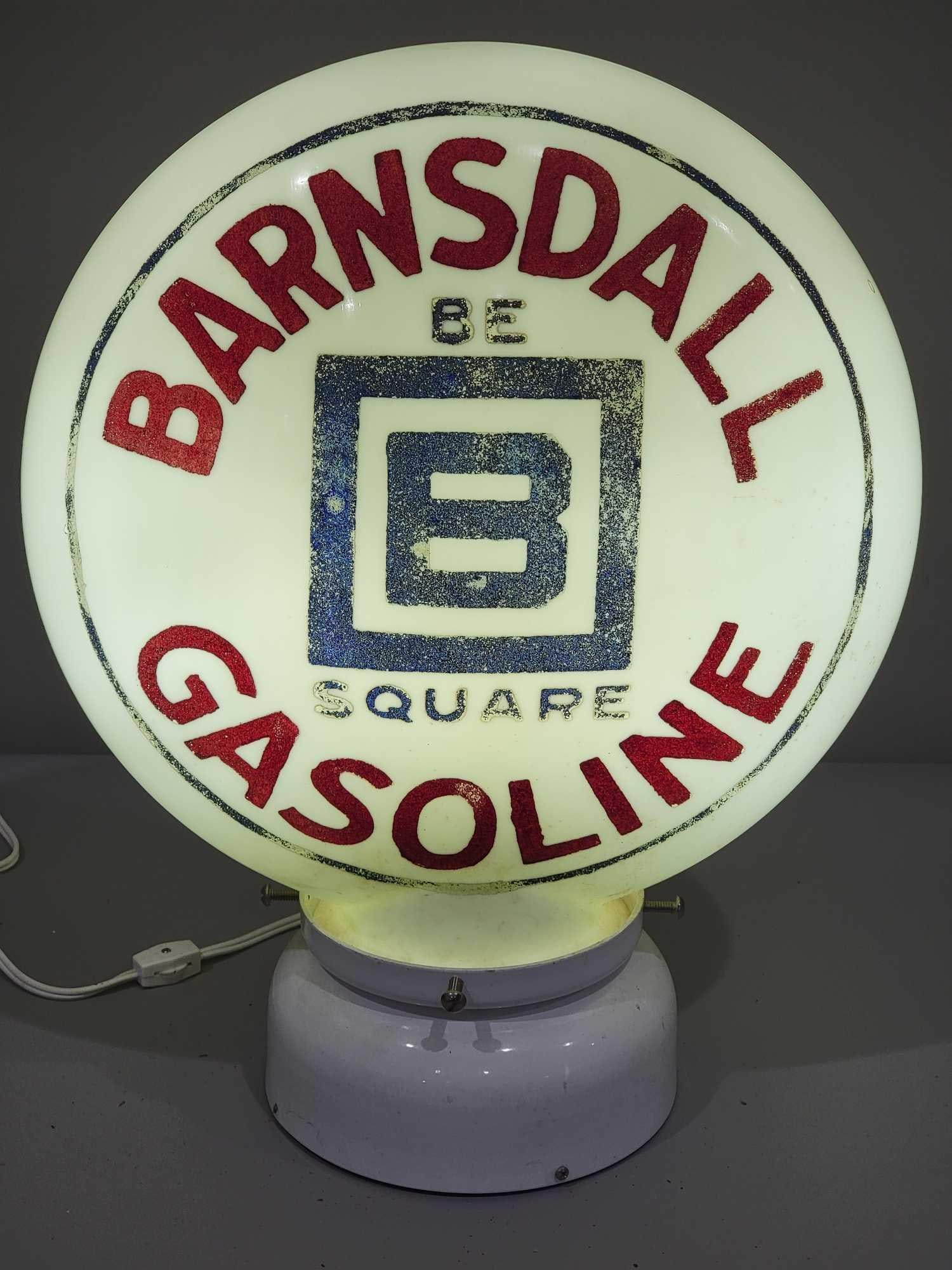 Barnsdall Be Square Gasoline OPE Milk Glass Globe (TAC): rated 8.5, 16.5"T., the OPE (one-piece etched) milk glass globe, the letter has been repainted the rest has paint wear, the base has a few small chips, body is good. TAC #025277
