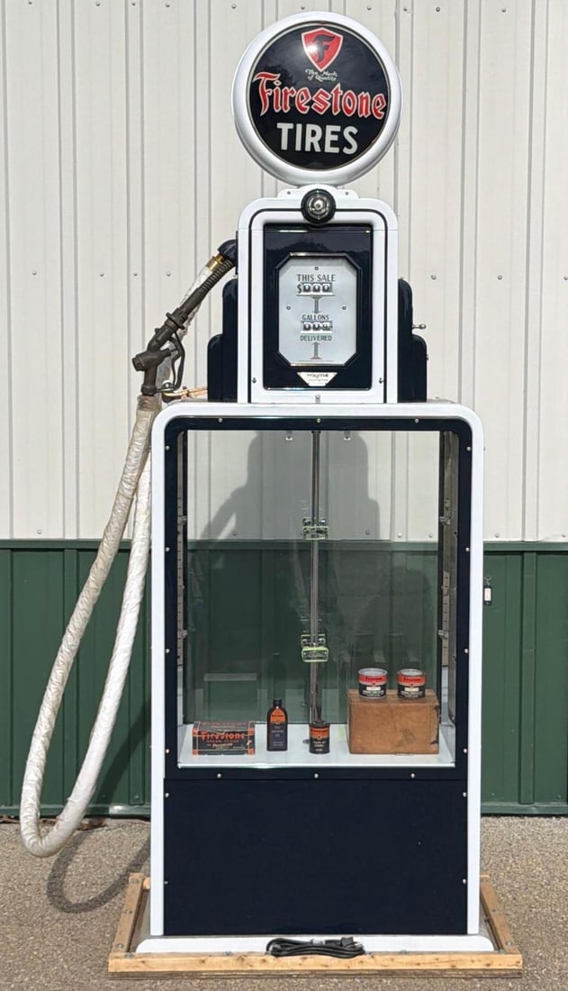 Wayne Model #50 Computing Showcase Gas Pump (restored): has been professionally restored in Firestone Tire colors w/Reproduction 15" single lens globe, new white hose and brass nozzle, has new glass shelving. 
