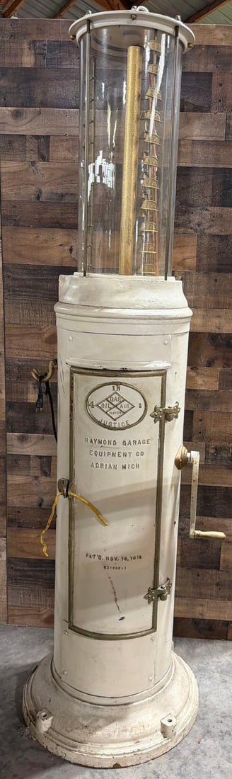 Raymond "4 in 1" Ten Gallon Visible Gas Pump: the gas pump is an old repaint, has some wear and dings, the glass cylinder is in good condition, has pump.