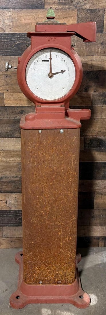 Bowser Model #300 "Pumpkin Head" Clock Face Gas Pump: the gas pump has been repainted with red primer paint, faces have heavy wear, no bezels, skins are new, no pump.