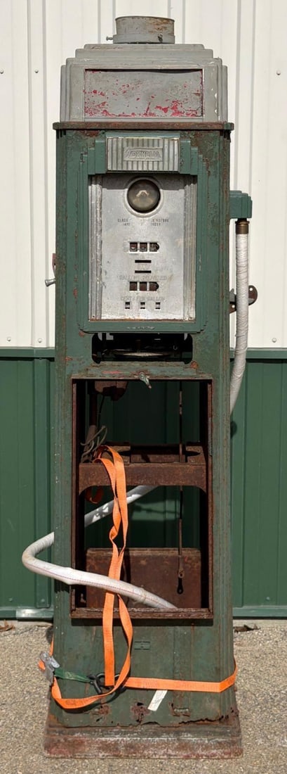 Tokheim Model #36B Computing Gas Pump w/Display Doors: the gas pump is in as found condition, old paint, has rust and pitting, bottom of the doors has small rust holes, pump is missing, has a new white hose.