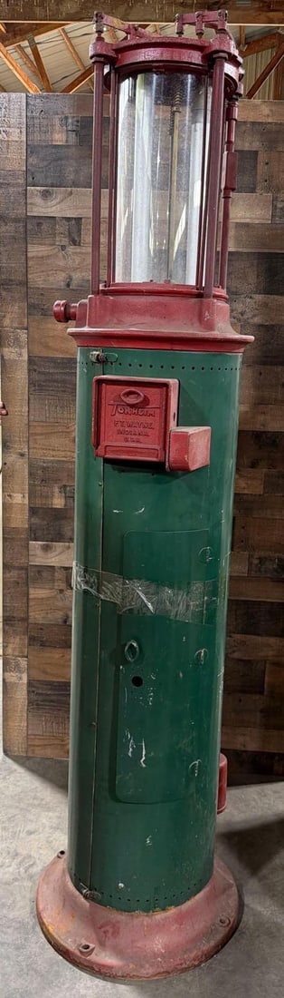 Tokheim Model #295 Five Gallon Visible Gas Pump: the gas pump is an old repaint, has a good five gallon glass cylinder, access door and top. See photos.