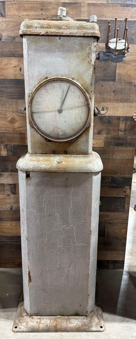 Rare Martin & Schwartz Model #429EU Clock-Face Gas Pump: in as found original condition, has old silver paint, spinner gauge is missing parts, bezel frame on one side is damage, pump is missing. 