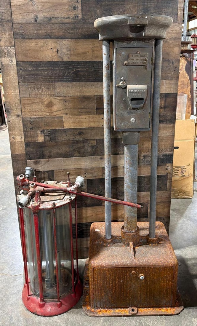 Starkey Coin-Operated Ten Gallon Visible Gas Pump (incomplete): the bottom of gas pump has started to be restored, the top the good glass cylinder, top, bottom are in good original condition, is missing the small middle part, buy as is.