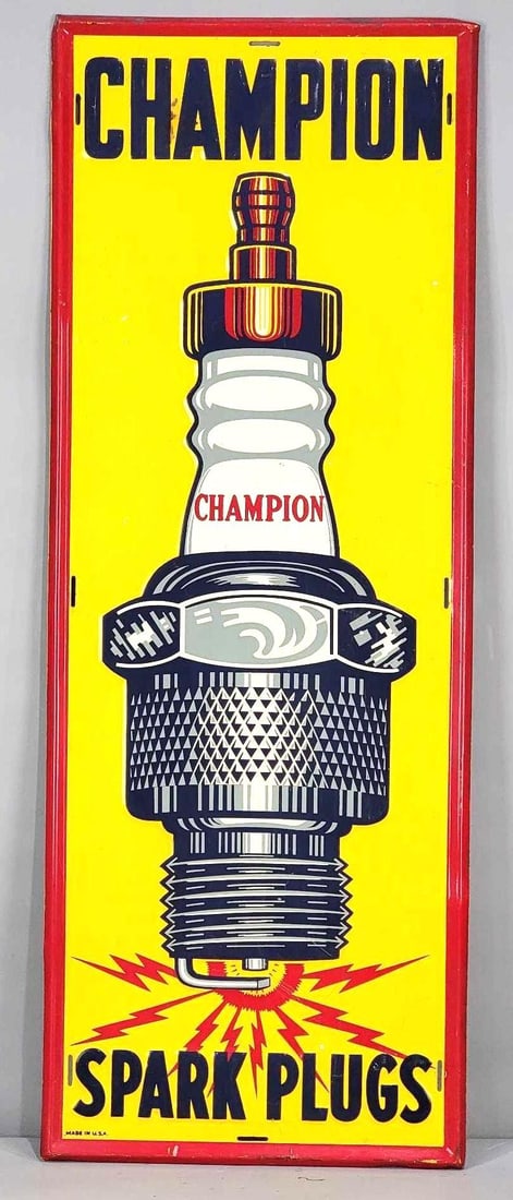 Rare 48" Champion Spark Plugs Metal Vertical Sign (TAC): rated 8.9, 47.5"x17.75", the SST embossed vertical sign has very good color and shine, has light wear and a few fine scratches, marked Made in U.S.A. Rarity 8. TAC #063216