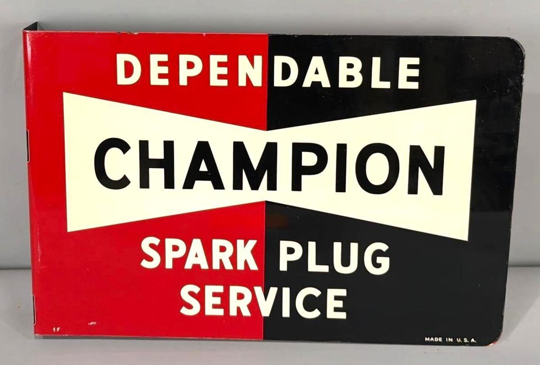 Dependable Champion Spark Plug Service Metal Flange Sign (TAC): rated 9, 12"x18", the metal flange sign has excellent color and shine, light wear, marked Made in U.S.A. Rarity 3. TAC #0636701